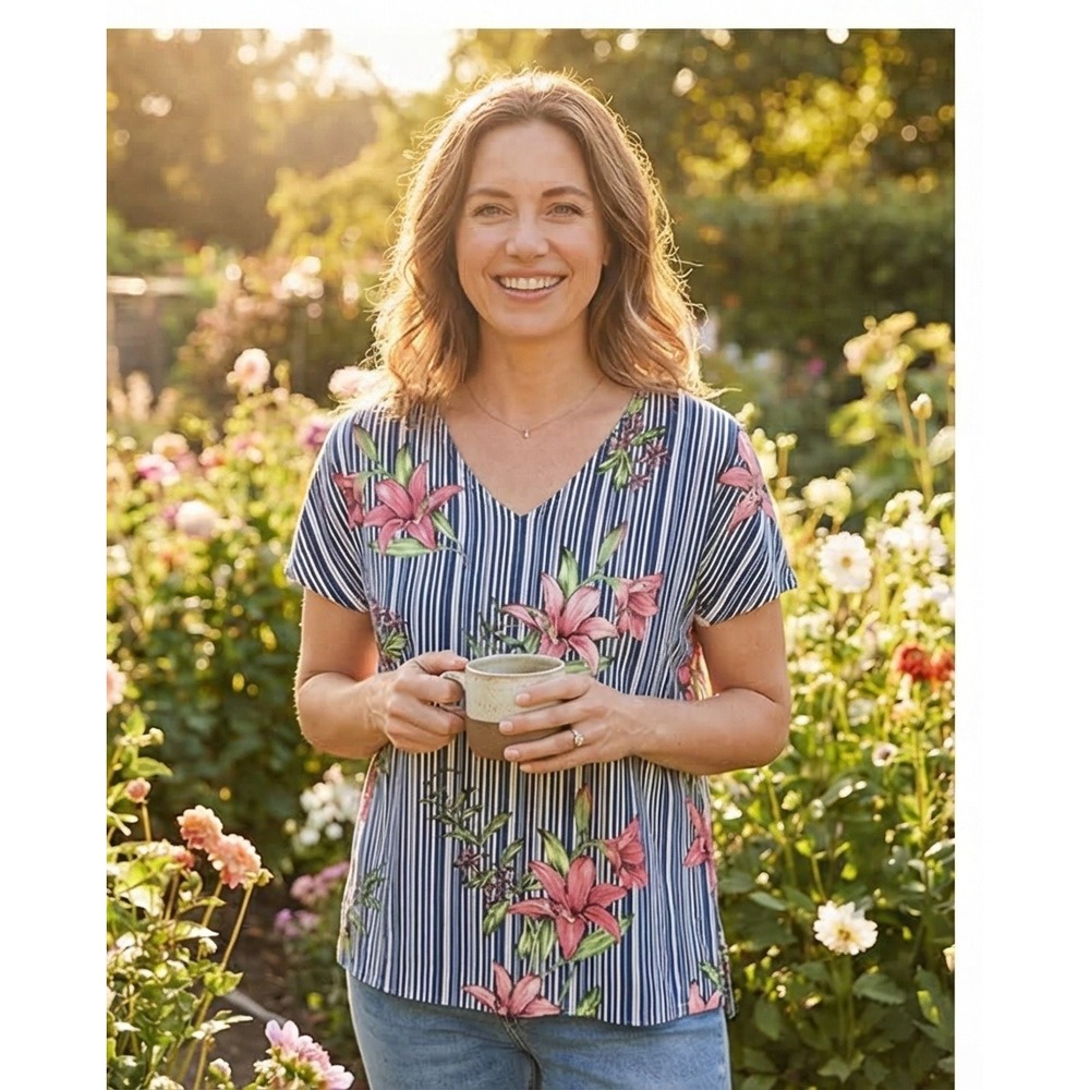 Chico's 3 Womens Navy Blue White Striped Floral Lily V-Neck Short Sleeve Top